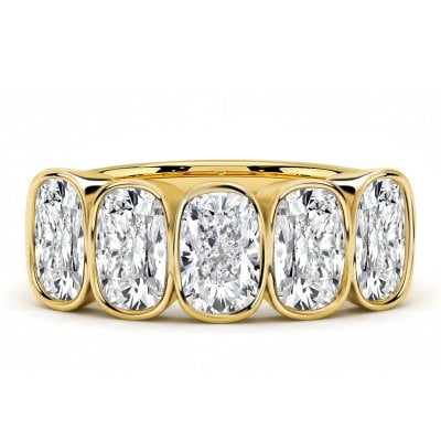Italo Golden Five Stone Elongated Cushion Cut Bezel Wedding Band Ring