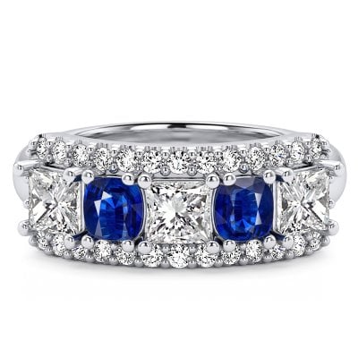 Italo Halo Five Stone Cushion & Princess Cut Blue Sapphire Wedding Band