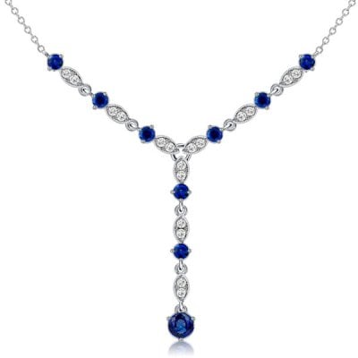 Italo Milgrain Blue Sapphire Y Necklace In Sterling Silver