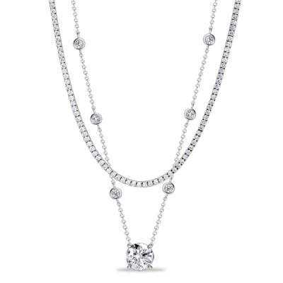 Italo Bezel Setting Whte Sapphire Round Cut Layering necklaces For Women