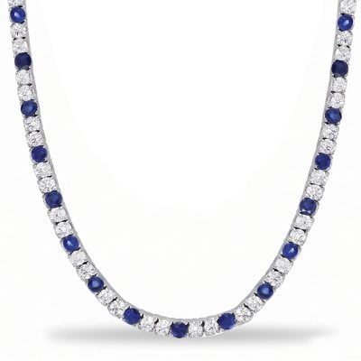 Italo 3 MM White & Blue Sapphire Round Cut Tennis Necklace For Women