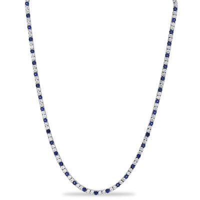 Italo 3 MM White & Blue Sapphire Round Cut Tennis Necklace For Women