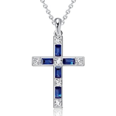 Italo Baguette Cut Blue Sapphire Silver Cross Necklace For Women