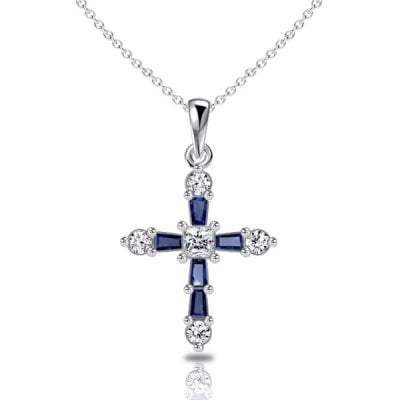 Italo Tap Baguette Cut Blue Sapphire Cross Necklace For Women