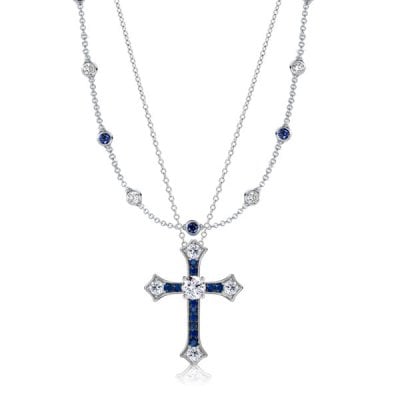 Italo Bezel Set White & Blue Sapphire Cross Layering necklaces For Women