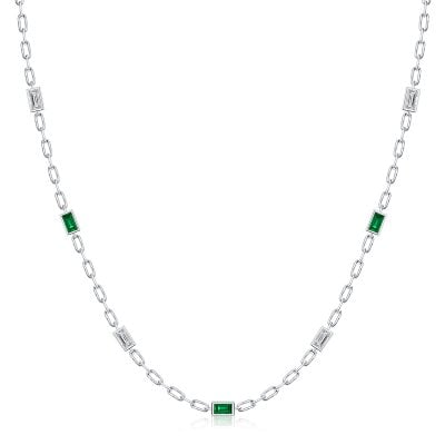 Italo Baguette Cut Emerald & White Sapphire Bezel Set Tennis Necklace