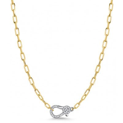 Italo Two Tone Paperclip Chain Necklace with Pavé Clasp Pendant