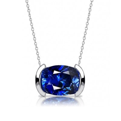 Italo Half Bezel Cushion Cut Blue Sapphire Pendant Necklace For Women