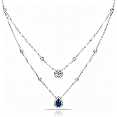 Italo Pear & Round Cut Blue & White Sapphire Layering necklaces For Women