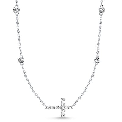 Italo Bezel Setting Round Cut Sideways Cross Necklace For Women