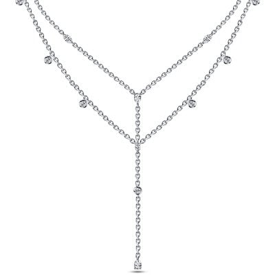 Italo Bezel Set Double Chain Pear Cut Layered Lariat Necklace For Women