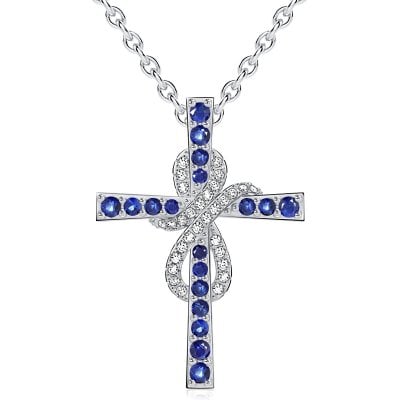 Italo Swirl Design Blue Sapphire Cross Pendant Necklace For Women