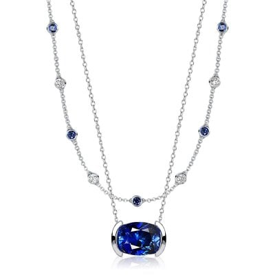 Italo Bezel Setting Blue Sapphire Cushion Cut Layering Necklaces For Women