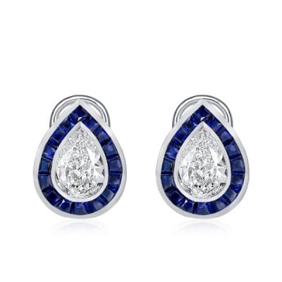 Bezel-Set Omega Clip Halo Pear Stud Earrings