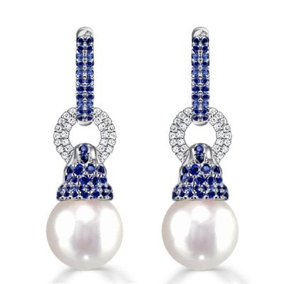 Italo Created Blue Sapphire Pearl Drop Earrings For Women