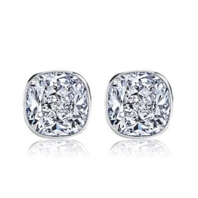 Italo Milgrain Bezel White Sapphire Cushion Cut Stud Earrings