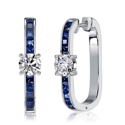 Italo Princess Cut Blue Earrings Sterling Silver Hoop Earrings