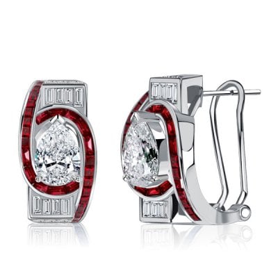 Italo Art Deco Pear Shaped Ruby Sterling Silver Hoop Earrings