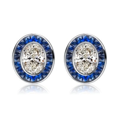 Italo Art Deco Oval Cut Blue Sapphire Stud Earrings For Women