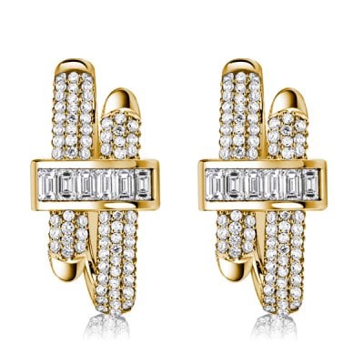 Italo Golden Micro Pave Round & Baguette Cut Unique Hoop Earrings For Women