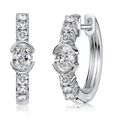 Italo Half Bezel Oval Cut White Sapphire Hoop Earrings For Women