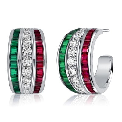 Italo Triple Row Emerald Sapphire Ruby Hoop Earring For Women