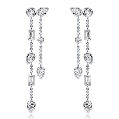 Italo Bezel Setting Pear & Round Cut Double Chain Drop Earrings For Women