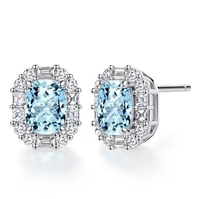 Italo Halo Cushion Cut Aquamarine Earrings Stud Earrings For Women