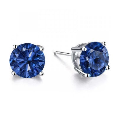 Italo Blue Sapphire 2 Carat Round Cut Silver Stud Earrings For Women