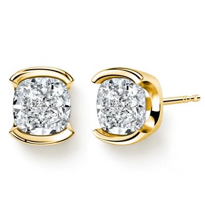 Italo Golden Half Bezel 1.5 Carat Cushion Cut Stud Earrings For Women