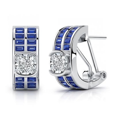 Italo Half Bezel Blue Sapphire 1 Carat Cushion Omega Back Hoop Earrings