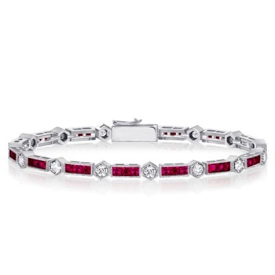 Alternating Round White & Triple Ruby Tennis Bracelet For Women