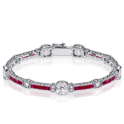 Italo Milgrain Ruby & White Cushion Tennis Bracelet For Women With Filigree