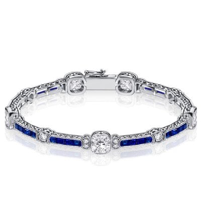 Milgrain Cushion White & Blue Sapphire Tennis Bracelet In Silver With Filigree