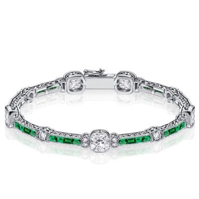 Milgrain White & Emerald Tennis Bracelet In Sterling Silver With Filigree