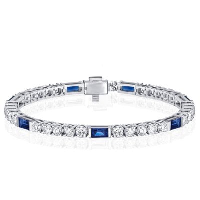 Italo Art Deco Blue Sapphire Bracelet Round Cut Tennis Bracelet
