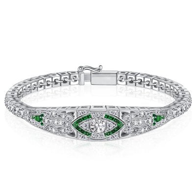 Italo Art Deco Emerald Sapphire Tennis Bracelet In Sterling Silver