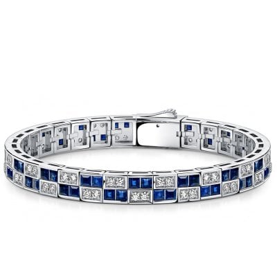 Italo Half Bezel Asscher & Round Cut White & Blue Sapphire Tennis Bracelet For Women