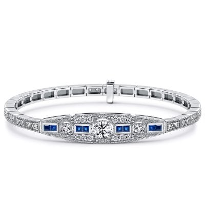 Italo Art Deco Blue Sapphire Round Cut Tennis Bracelets For Women