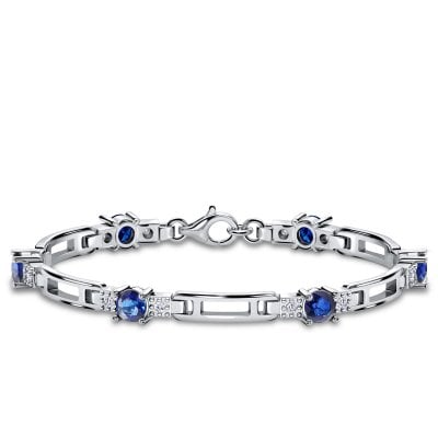 Italo Three Stone Round Cut Blue Sapphire Tennis Bracelet For Women