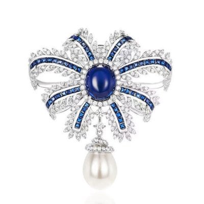 Italo Bow Design Oval Cut Blue Sapphire Vintage Brooch For Women