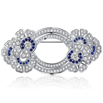 Italo Double Circle Round Cut White & Blue Sapphire Vintage Brooch For Women