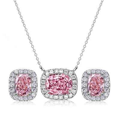Italo Pink Stone Cushion Cut Halo Necklace & Earrings Jewelry Set