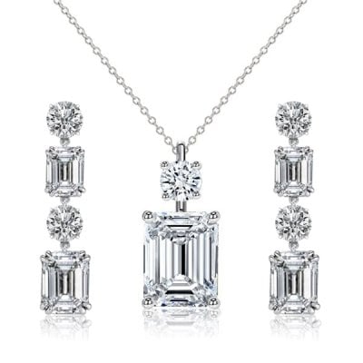 Italo White Sapphire Emerald Cut Necklace & Drop Earrings Jewelry Set