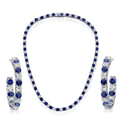 Italo White & Blue Sapphire Tennis Necklace & Hoop Earrings Jewelry Set