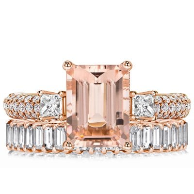 Italo Rose Gold Morganite Emerald Cut Wedding Ring Set Bridal Set