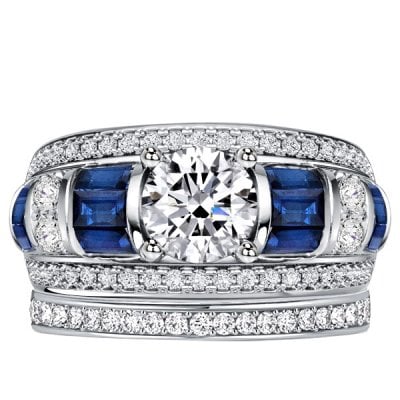 Italo Baguette & Round Blue & White Sapphire Bridal Set Wedding Band Ring