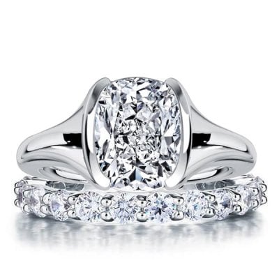Italo Half-bezel Solitaire Cushion Cut Engagement Ring Sets For Women