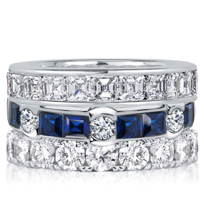 Italo Channel Round & Asscher Cut White & Blue Sapphire Stackable Band Set