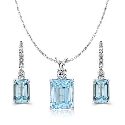 Aquamarine Sapphire Emerald Cut Necklace & Drop Earrings Jewelry Set